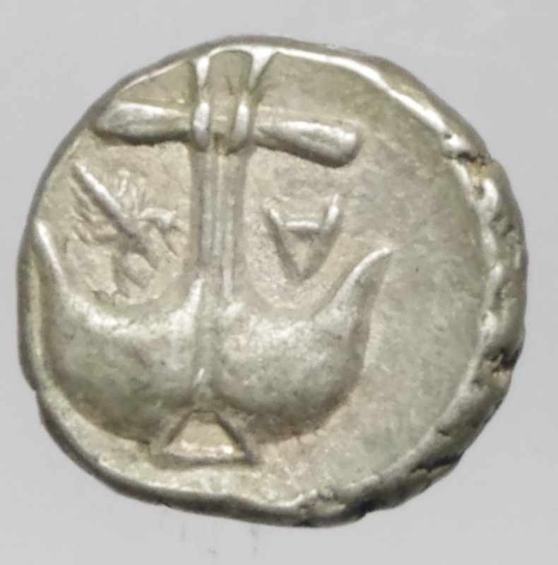 reverse: Mondo Greco. Tracia. Apollonia Pontica. 450-400 a.C. Diobolo. D/ Testa di Gorgone. R/ Ancora, A e gambero. Sear 1655. Peso 1.20 gr. Diametro 11,00 mm.qFDC\SPL.