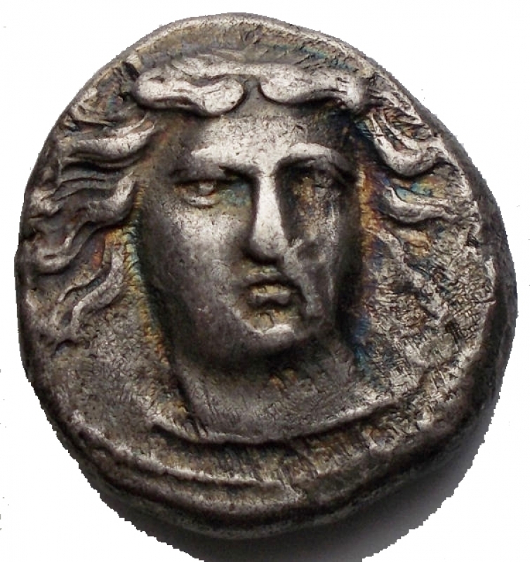 obverse: Modo Greco - THESSALIA, Larissa. Drachm. 400-380 BC A / Head of the nymph Larissa slightly to the right R / Horse grazing to the right, on the legend AAPI. Ar. 6.05g. VF +. Patina. Very rare
