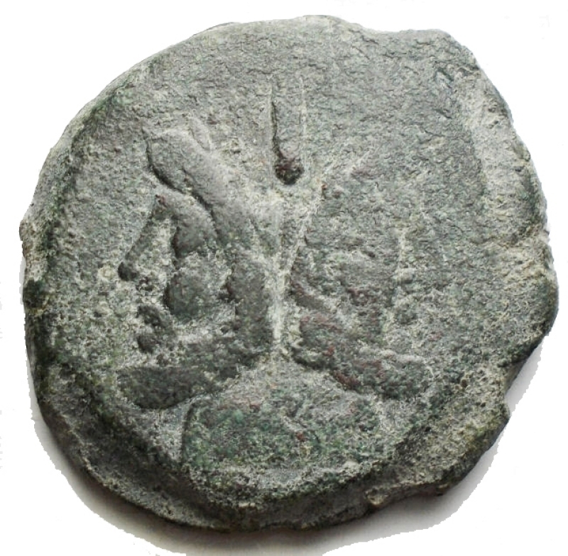 obverse: Repubblica Romana - As, after 211 BC D / Graduated head of Janus. Above, I. R / Bow to the right. Front, I. Below, ROME. AE. 24.46 g. 31.4 mm. aVF. Green patina