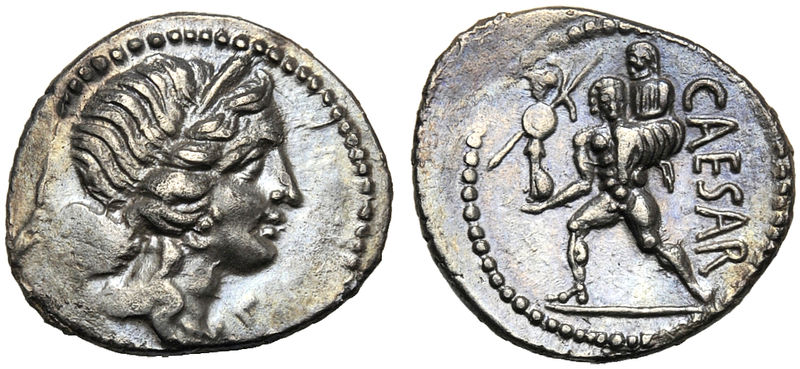 C. Iulius Caesar, Denario, Africa, 47-46 a.C.; Ag 3,55 g; Diademed head ...