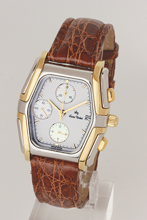 LUCIEN ROCHAT chronograph, around 1990. “Tonneau” case in steel and gold  with back closed whit 8 screws