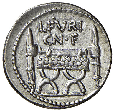 reverse: Furia (L. Furius Cn.f. Brocchus 63 a.C.). Denario AG gr. 3,87. Crawford 414/1. Ottima centratura. SPL