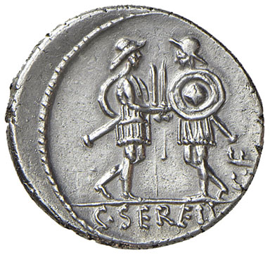 reverse: Servilia (C. Servilius C.f. 57 a.C.). Denario AG gr. 3,82. Crawford 423/1. SPL