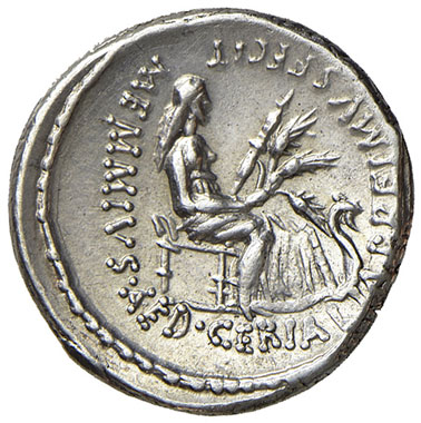 reverse: Memmia (C. Memmius C.f. 56 a.C.). Denario AG gr. 4,00. Crawford 427/2. Raro. Fondi lucenti. Bello SPL