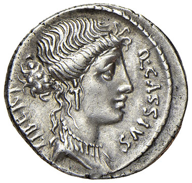 obverse: Cassia (Q. Cassius Libert. 55 a.C.). Denario AG gr. 4,06. Crawford 428/2. SPL