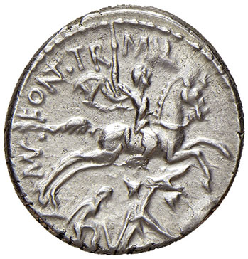 reverse: Fonteia (P. Fonteius P.f. Capito 55 a.C.). Denario AG gr. 3,94. Crawford 429/1. SPL