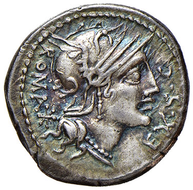 obverse: Sergia (M. Sergius Silus 116-115 a.C.). Denario AG gr. 3,93. Crawford 286/1. Patina di medagliere. q. SPL