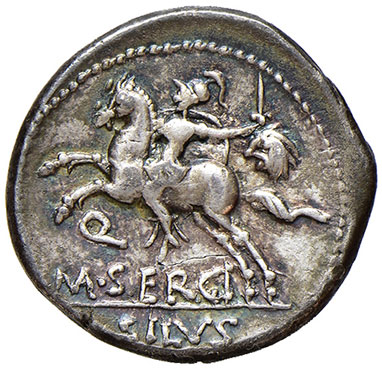 reverse: Sergia (M. Sergius Silus 116-115 a.C.). Denario AG gr. 3,93. Crawford 286/1. Patina di medagliere. q. SPL