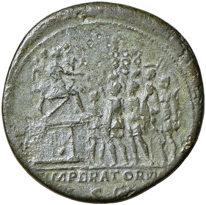 reverse: Traiano (98-117 d.C.). Sesterzio (Roma 115) AE gr. 25,42. RIC 655. Raro. q. BB