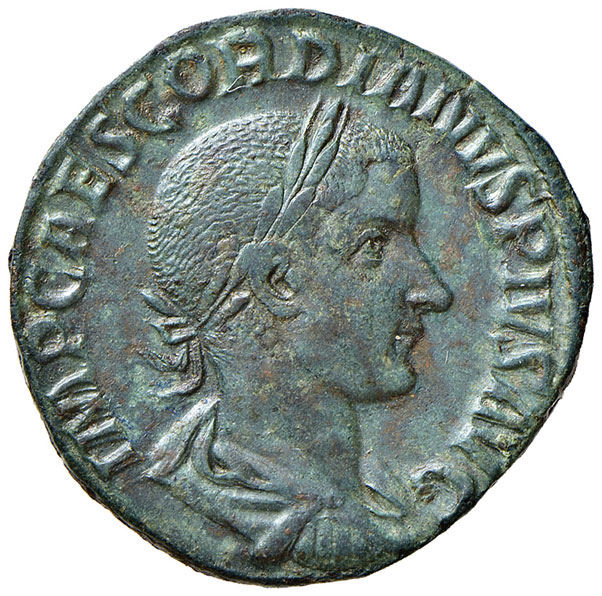obverse: Gordiano III (238-244 d.C.). Sesterzio (Roma 239-240) AE gr. 21,03. RIC 281a. Patina verde. SPL/q. SPL
