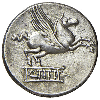 reverse: Titia (Q. Titius 90 a.C.). Denario AG gr. 3,97. Crawford 341/2. q. SPL