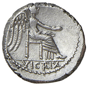 reverse: Porcia (M. Porcius Cato 89 a.C.). Quinario AG gr. 2,20. Crawford 543/2. q. SPL