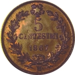 reverse: Casa Savoia. Vittorio Emanuele II. 5 Centesimi 1867N. Ancora tracce di rosso. Lieve schiacciatura di conio al D/.FDC. rf
