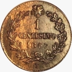 reverse: Casa Savoia. Vittorio Emanuele II. 1 Centesimo 1867T. RR. qFDC. Patina disomogenea. rf