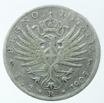 reverse: Casa Savoia. Vittorio Emanuele III. 1900-1943. Lira 1905. AG. Pag. 765. MB/BB. Colpo al bordo. RR.