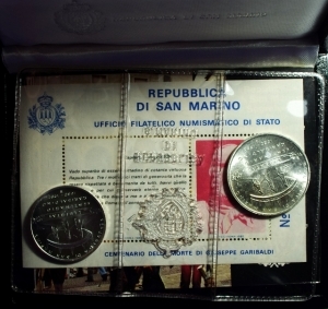 obverse: San Marino. Dittico 1982  Giuseppe Garibaldi : 1 000 lire e 500 lire. AG. Fondo specchio.
