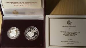 obverse: San Marino. Dittico 1991  XXV Olimpiade : 1 000 lire e 500 lire. AG. Fondo specchio.