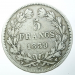 reverse: Monete Estere. Francia. Luigi Filippo. 1830-1848. 5 franchi 1839/B. AG.  2. MB. Segni. §