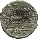 reverse:  Cn. Gellius. Denario, 138 a.C.