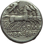 reverse:  M. Baebius Q. f. Tampilus. Denario, 137 a.C.