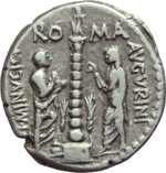 reverse:  Ti Minucius C. f. Augurinus. Denario, 134 a.C.