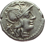 obverse:  Ti. Minucius C. f. Augurinus. Denario, 134 a.C.