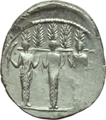 reverse:  P. Accoleius Lariscolus. Denario, 43 a.C.