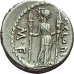 reverse:  P. Clodius M.f. Turrinus. Denario, 42 a.C.