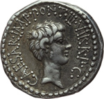 reverse:  Marco Antonio con Ottaviano. Denario, 41 a.C.