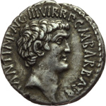 obverse:  Marco Antonio con Ottaviano. Denario, 41 a.C.