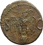 reverse:  Augusto (27 a.C-14 d.C). Asse emesso da Tiberio.