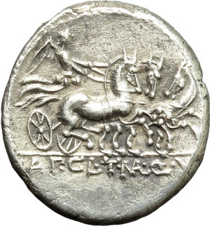 reverse: Appius Claudius Pulcher, T. Manlius Mancinus and Q. Urbinius.  AR Denarius, 111-110 BC. Obv. Helmeted head of Roma right; behind, quadrangular device. Rev. Victory in triga right; in exergue, AP. CL. T. MANL. Q. VR. Cr. 299/1 a. B.2. AR. g. 3.92  mm. 17.50   Good metal and full weight. A pleasant example, lightly toned. Good VF/About EF. 