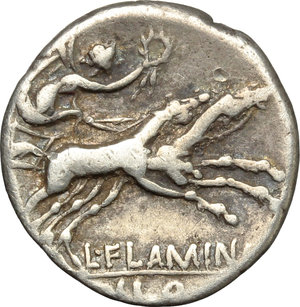 reverse: L. Flaminius Chilo.  AR Denarius, 109-108 BC. Obv. Helmeted head of Roma right; below chin, X; behind, ROMA. Rev. Victory in biga right; below horses, L. FLAMINI; in exergue, CILO. Cr. 302/1. B.1. AR. g. 3.87  mm. 18.00   Good metal. Lightly toned. VF. 
