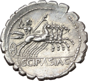 reverse: L. Scipio Asiagenus.  AR Denarius serratus, 106 BC. Obv. Laureate head of Jupiter left; below chin, dot and B. Rev. Jupiter in quadriga right; in exergue, L. SCIP. ASIAG. Cr. 311/1b. B. (Cornelia) 24. AR. g. 3.68  mm. 20.00   Good metal and broad flan. Superb cabinet tone with underlying luster. EF. 