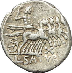 reverse: L. Appuleius Saturninus.  AR Denarius, 104 BC. Obv. Helmeted head of Roma left. Rev. Saturn in quadriga right; below horses, X; in exergue, L. SATVRN. Cr. 317/3b. B.1. AR. g. 3.85  mm. 19.00   Well centred. Nicely toned. VF. 
