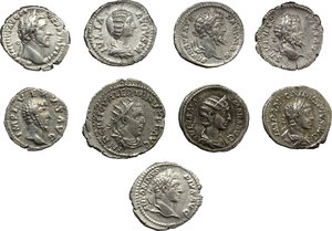 obverse: Roman Empire. Antoninus Pius to Valerian.  Lot of nine (9) coins: 8 AR Denarii: Antoninus Pius; Lucius Verus; Septimius Severus (2); Julia Domna; Elagabalus (2); Julia Mamaea and AR Antoninianus of Valerian.    AR.      VF:EF. 