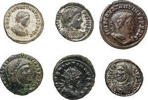 obverse: Roman Empire. Quintillus to Constantine II.  Lot of six (6) AE coins: Antoninianus of Quintillus; AE of Licinius; Constantine I (2); Crispus and Constantine II.    AE.      About VF:EF. 