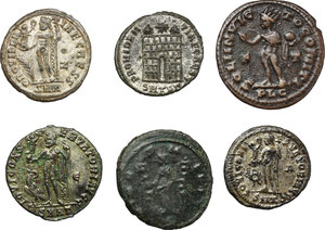 reverse: Roman Empire. Quintillus to Constantine II.  Lot of six (6) AE coins: Antoninianus of Quintillus; AE of Licinius; Constantine I (2); Crispus and Constantine II.    AE.      About VF:EF. 