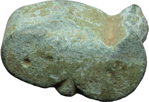 reverse: Aes Premonetale.  AE Knucklebone (Astragalus) 6th-4th century BC.   Haeb. pl. 6,10. AE. g. 25.95   R. mm. 27x14x12. A rare, superb and fascinating example. Untouched emerald-green patina. EF. 