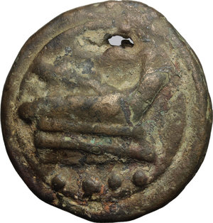 reverse: Janus/Prow to right.  AE Cast Triens, c. 225-217 BC. Obv. Helmeted head of Minerva left, wearing Corinthian Helmet; below, four pellets. Rev. Prow right; below, four pellets. Cr. 35/3a. Vecchi ICC 78. AE. g. 91.07  mm. 46.50   A very attractive example. Casting hole. Earthen orichalcum patina with golden and reddish highlights. Good VF. 
