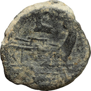 reverse: Rostrum tridens (second) series.  AE Semis, probably a late unofficial issue, after 82 BC. Obv. Laureate head of Saturn right; behind, S. Rev. Prow right; above, rostrum tridens; before, S; below, ROMA. Cf. Cr. 114/3. AE. g. 9.08  mm. 24.00  R. Rare. Of coarse style and light. Untouched earthen dark green patina. VF. 