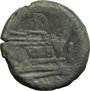 reverse: PT or TP series.  AE As, c. 169-158 BC. Obv. Laureate head of Janus; above, I. Rev. Prow right; above, PT ligate; before, I; below, ROMA. Cr. 177/1. AE. g. 19.86  mm. 30.50   Dark green patina. VF. 