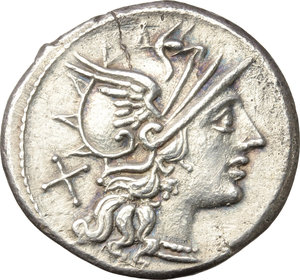 obverse: L. Saufeius.  AR Denarius, 152 BC. Obv. Helmeted head of Roma right, X behind. Rev. Victory in biga right, L. SAVF below horses, ROMA in exergue. Cr. 204/1. B. 1. AR. g. 3.74  mm. 19.00   From a fresh and perfectly detailed reverse die. Minor hair-line flan crack, otherwise EF. 