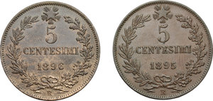 reverse: Regno di Italia. Umberto I (1878-1900). Lotto di due monete da 5 centesimi: 1895 e 1896.    Pag. 617 e 618. AE.    R.  SPL.  