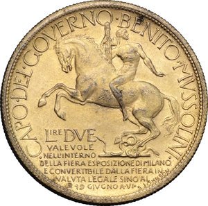 reverse: Regno di Italia. Vittorio Emanuele III (1900-1943). 2 lire 1928 Fiera di Milano.    Mont. 09. Metallo dorato.      Bel BB.  