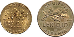 reverse: Albania. Vittorio Emanuele III (1900-1943). Lotto di due monete: 0,10 e 0,05 lek 1940 A. XVIII.     Bronzital.      FDC.  