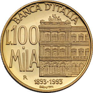 reverse:  100 000 lire in oro 1993. Centenario della Banca d Italia.    Mont. 1. AU.      FS.  