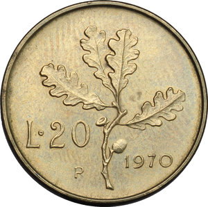 reverse:  20 lire 1970 segno di zecca P.    Mont. 14. AE.      qSPL.  