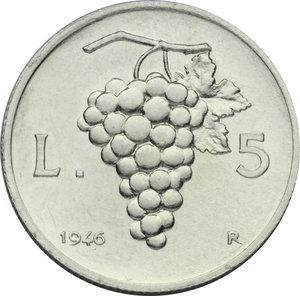 reverse:  5 lire 1946.    Mont. 3. IT.    RR.  qFDC/FDC.  