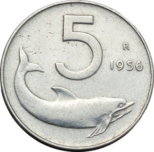 reverse:  5 lire 1956.    Mont. 10. IT.    RR.  BB.  